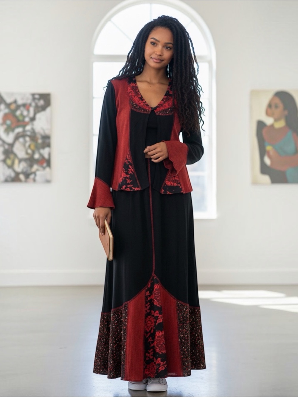 Tommy n’ Lou Lou Vintage Red Black Floral Lace 3 Pc Maxi Skirt Cardigan Set XL